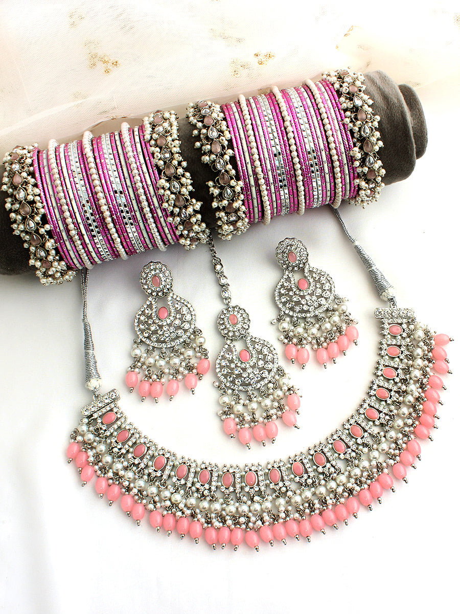 Anisha Bib Necklace Set-Pastel pink