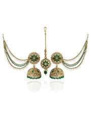 Shiza Jhumki Earrings with Earchain & Tikka-Green