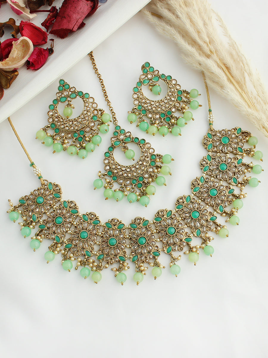 Poorva Necklace Set-Mint Green