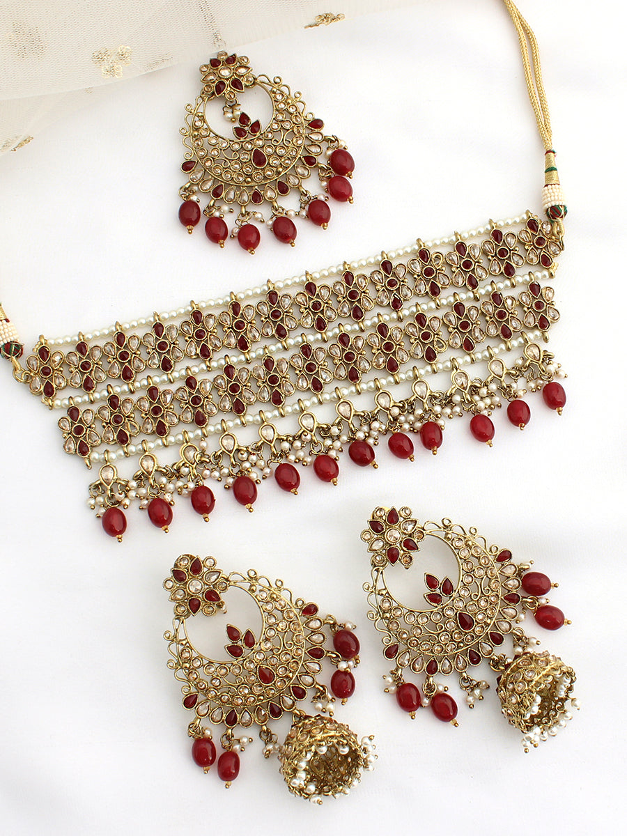 Saira Necklace Set-Maroon
