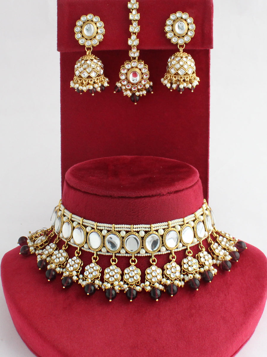 Madiha Kundan Choker Necklace Set-Wine