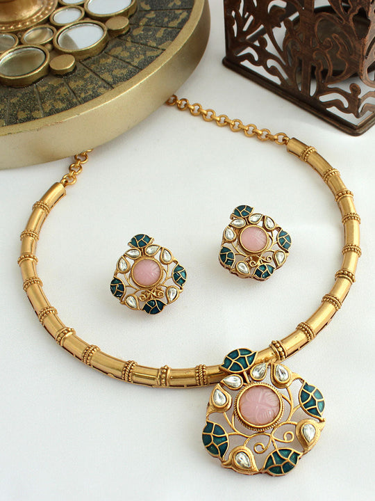 Nirvriti Hasli Necklace Set-Pastel Pink